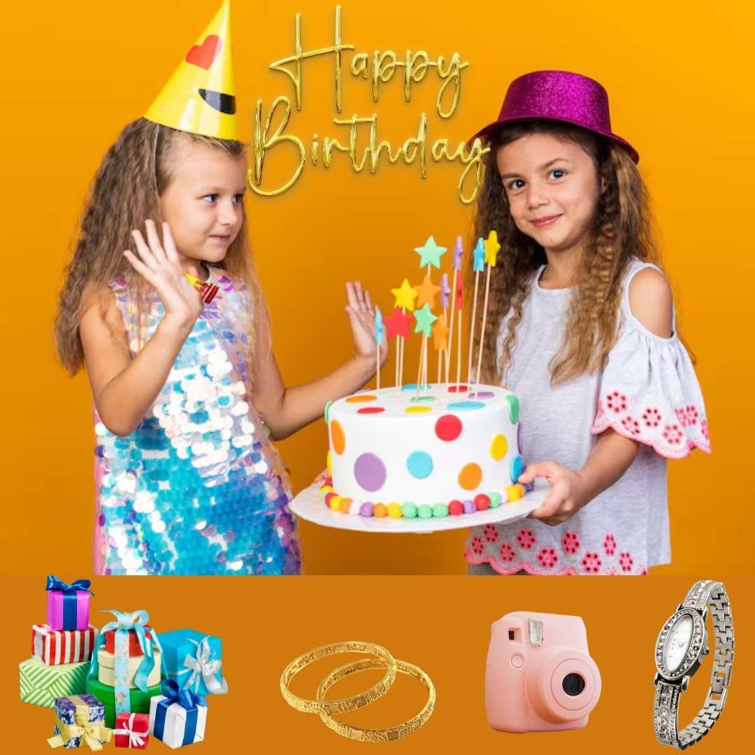 Two girls celebrating with a colorful birthday cake and party hats.