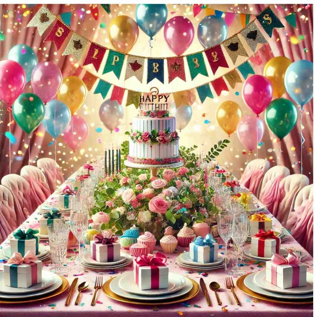 Colorful birthday party setup with balloons, cake, gifts, and decorations.