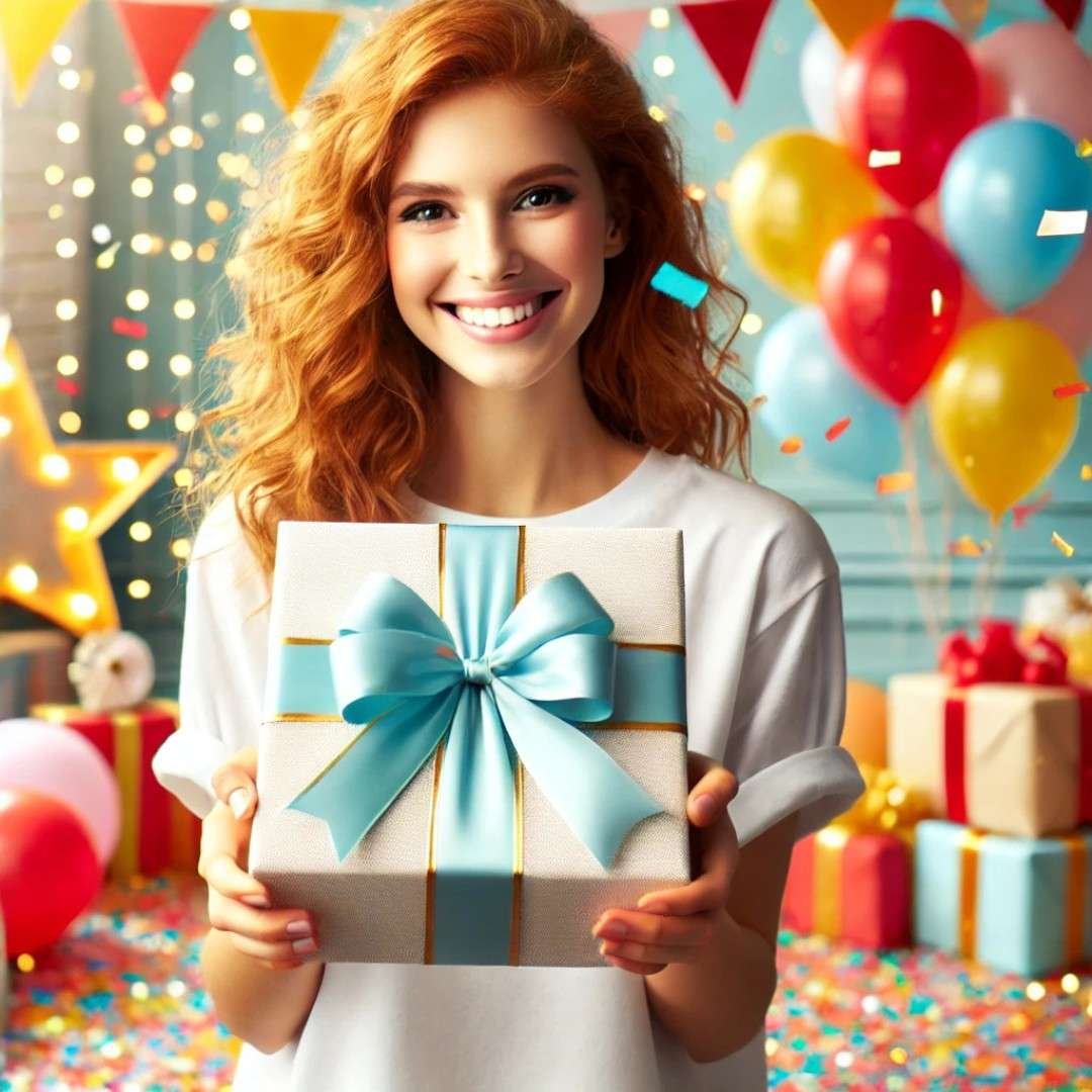 Woman holding a gift box with a blue ribbon in front of colorful balloons.
