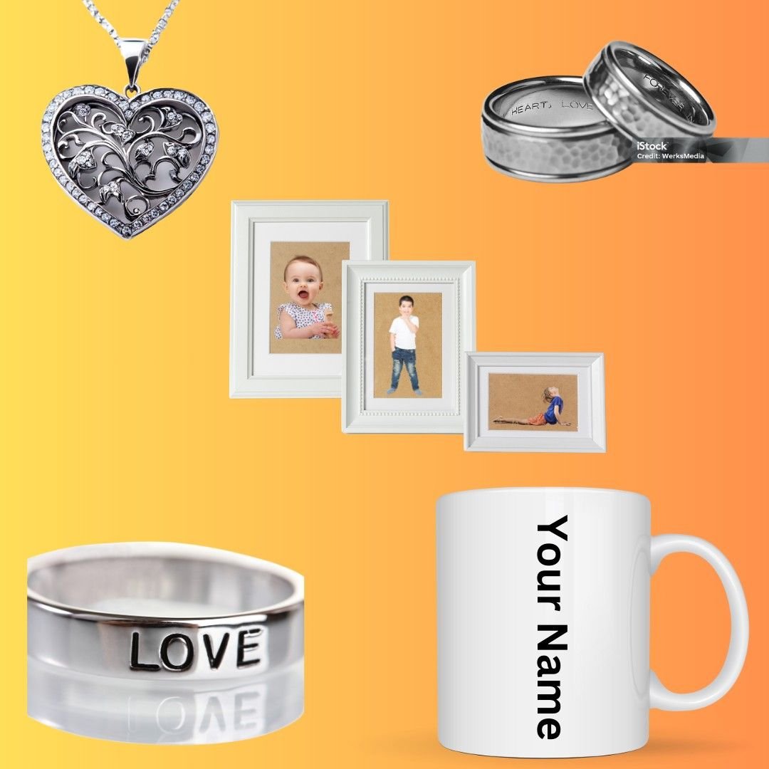 Collection of personalized gifts including a heart pendant, photo frames, and a mug.