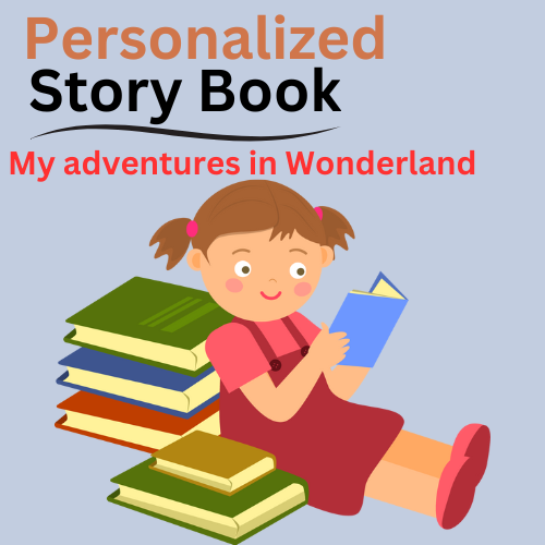 Personalized storybook titled "My Adventures in Wonderland" with a girl reading.