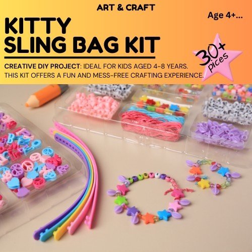 DIY kitty sling bag kit for kids with colorful beads and craft materials.