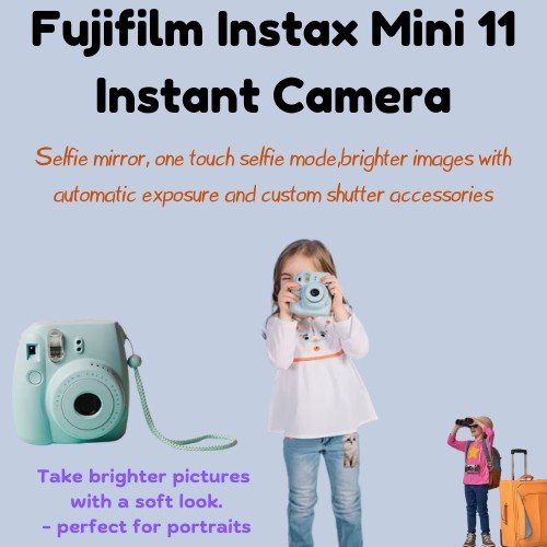 Fujifilm Instax Mini 11 instant camera with selfie mirror and accessories.