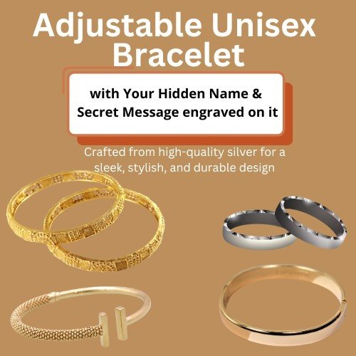 Adjustable unisex bracelet with hidden name and secret message engraved.
