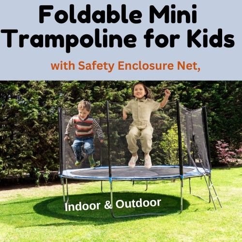 Kids playing on a foldable mini trampoline with safety enclosure net.