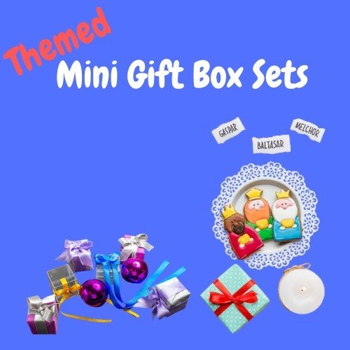 Collection of mini gift box sets with colorful decorations.