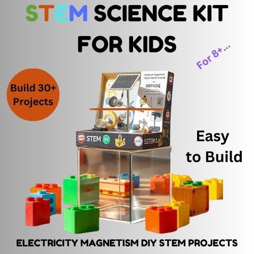 STEM science kit for kids with building blocks and project ideas.