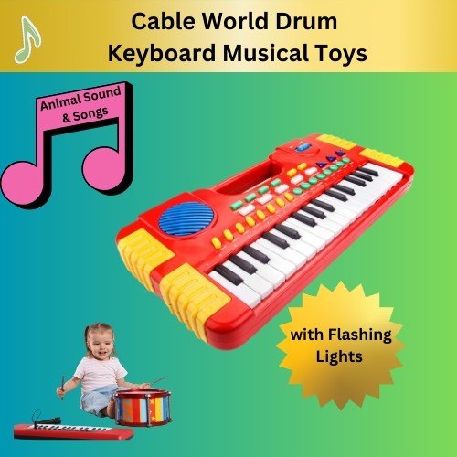 Colorful keyboard musical toy with drum and flashing lights for kids
