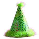Bright green party hat with colorful stars and fluffy trim.