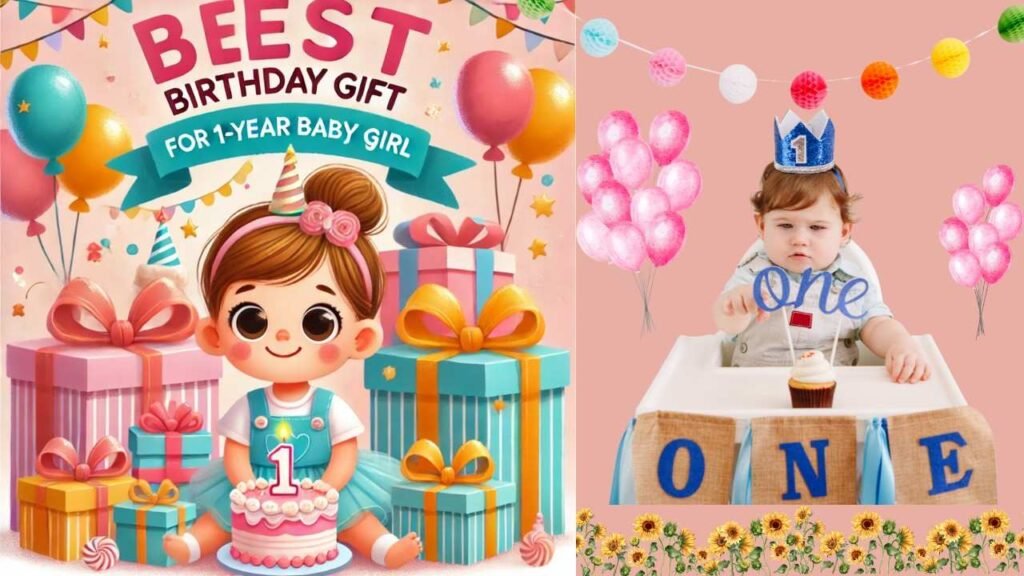 Cute baby girl celebrating 1st birthday with gifts, cake, and balloons.