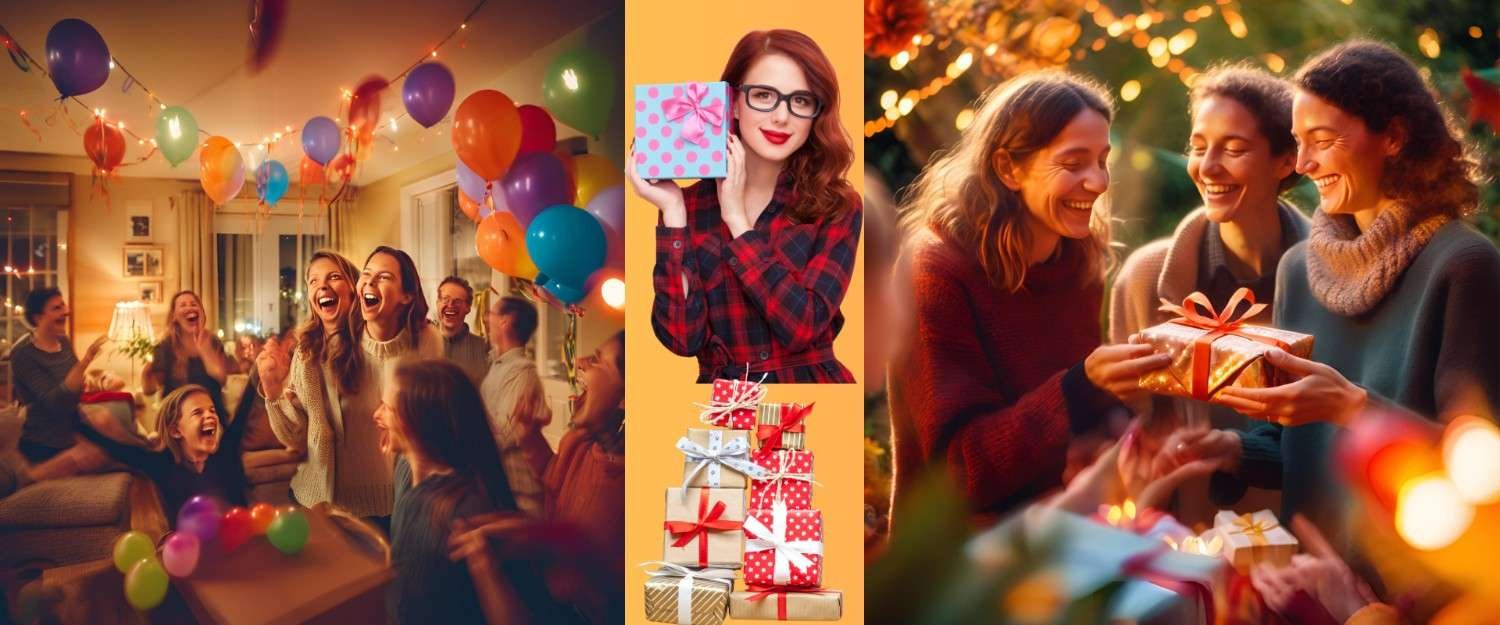 People at a party with balloons, gifts, and a festive atmosphere.