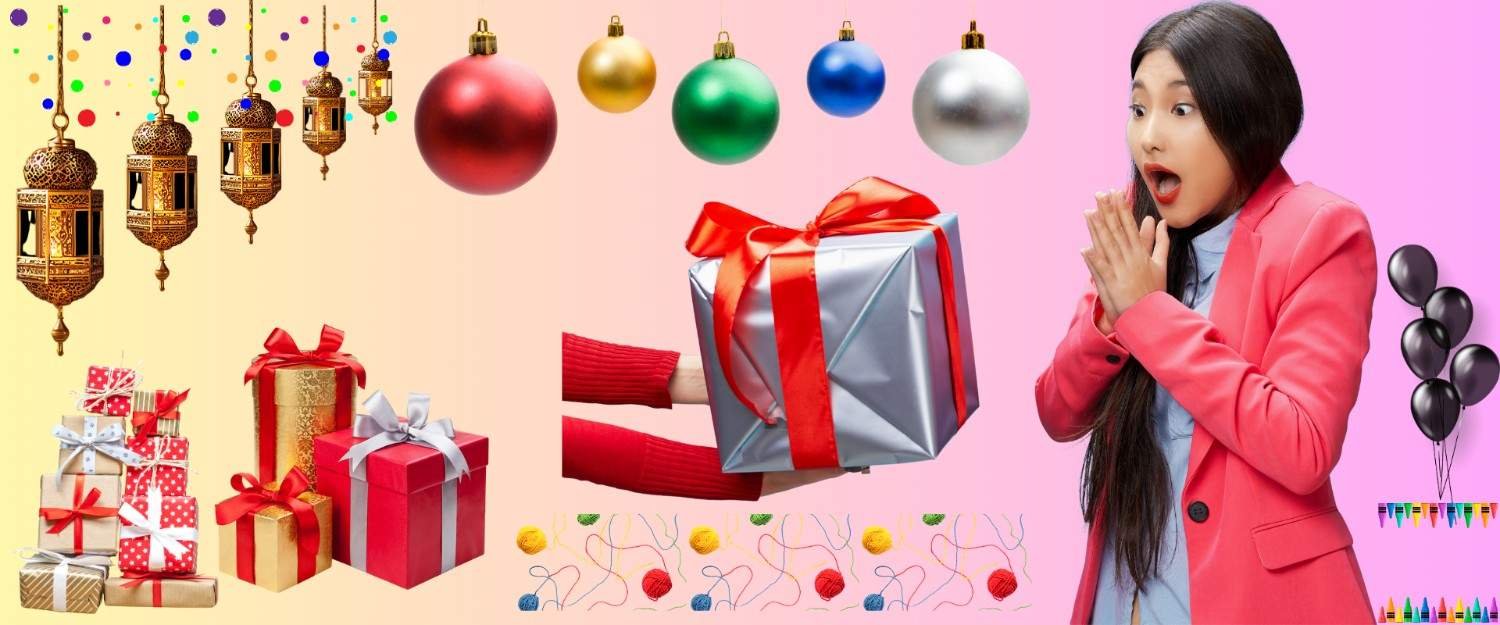 A gift box with red ribbon surrounded by colorful  ornaments.