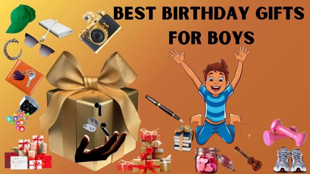 Excited boy surrounded by birthday gifts including camera, smartwatch, and toys