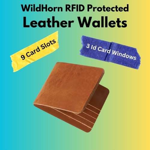WildHorn RFID protected leather wallet with 9 card slots and 3 ID card windows.