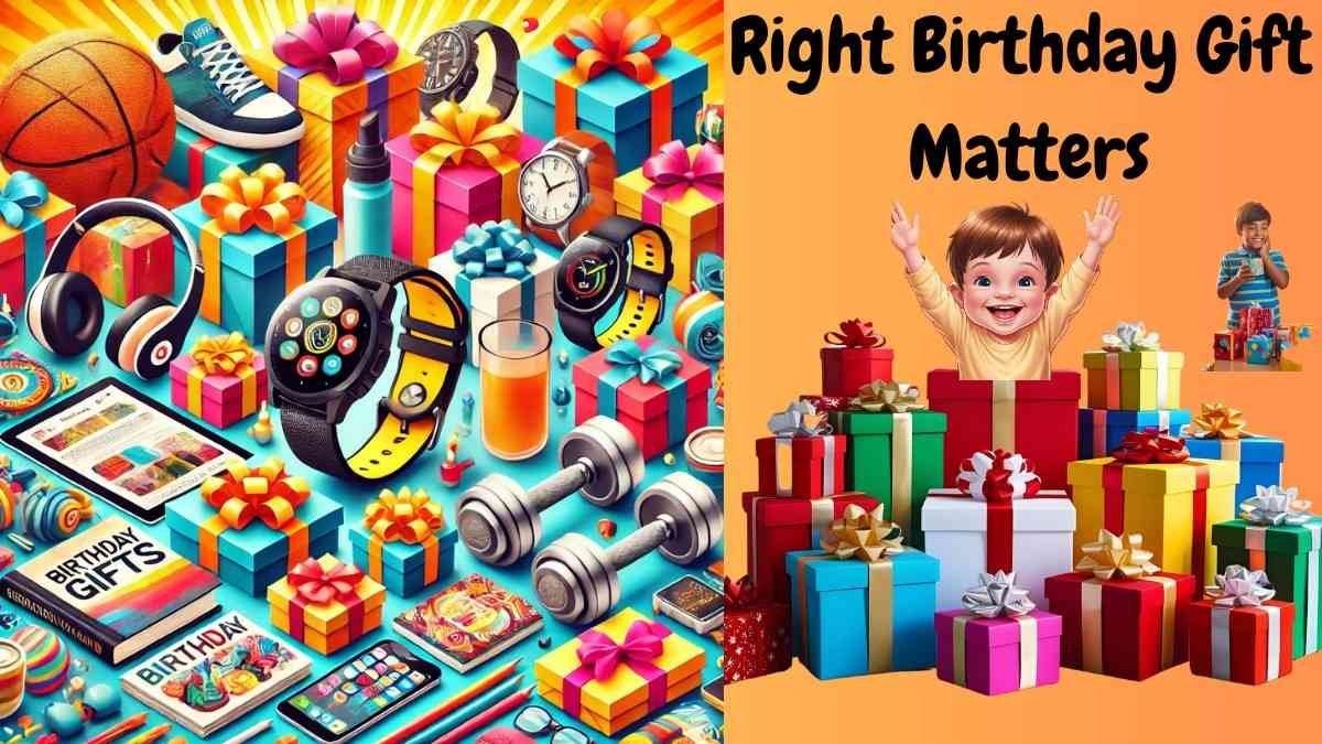Colorful birthday gifts for kids and adults with smartwatches, toys, and boxes
