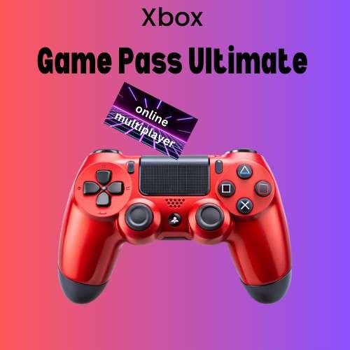 Xbox Game Pass Ultimate with online multiplayer, featuring a red gaming controller.