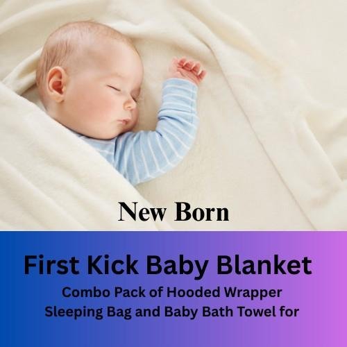 First Kick Baby Blanket combo pack with hooded wrapper, sleeping bag, and bath towel for newborns.