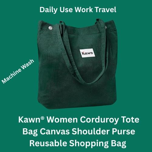 Kawn women’s corduroy tote bag in green, perfect for daily use, work, and travel.