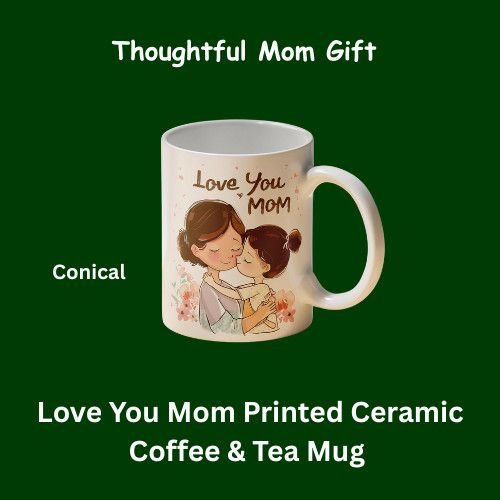 "Love You Mom" printed ceramic coffee and tea mug with a conical design.